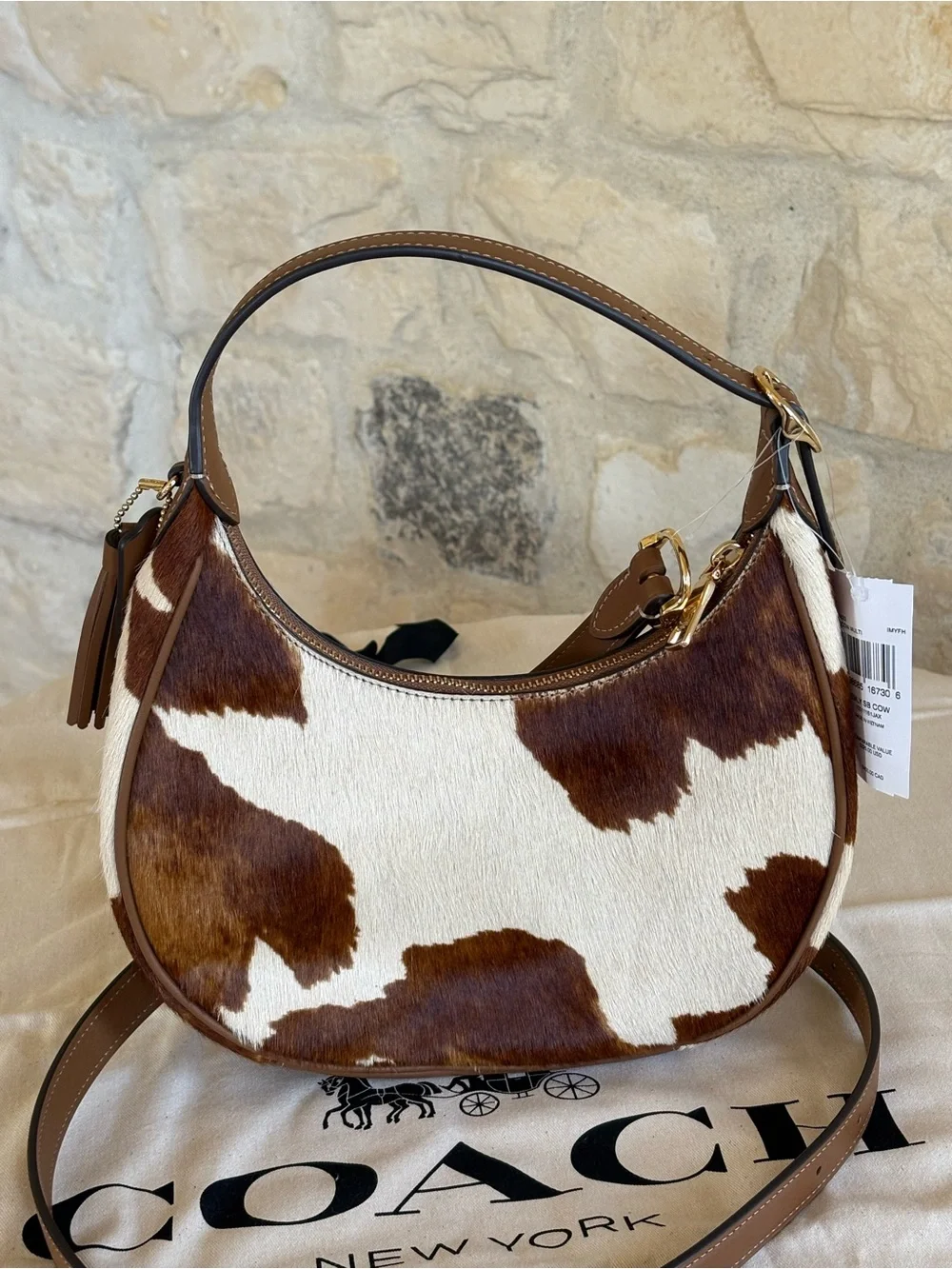 Coach Cowhide Calf Hair Shoulder Bag Brown White Leather Crossbody Purse Western